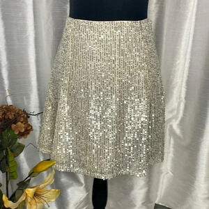 Loft NWT Women’s 0 Lined Sequins Cream Silver Skater Mini Skirt